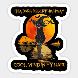 Black Cat Witch Hat On A Dark Desert Highways Halloween Shirt Sticker